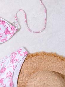 Swim Mod Random Printed Halterneck Bikini Set For Summer Beach And Swimming Pool