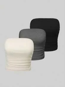 SHEIN LUNE Women Summer Solid Color Strapless Pleated Casual Tops (Set Of 3) - Multicolor - View 1