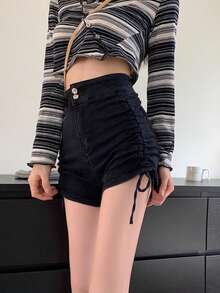 女士时尚纯色侧抽绳牛仔短裤休闲黑色夏季 - 黑色 - 查看 4