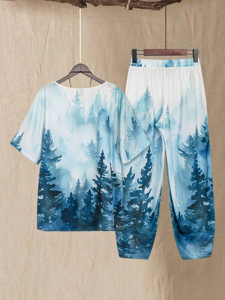 Plus Size Women Blue Short Sleeve Shirt And Printed Pants Summer Outfit Set