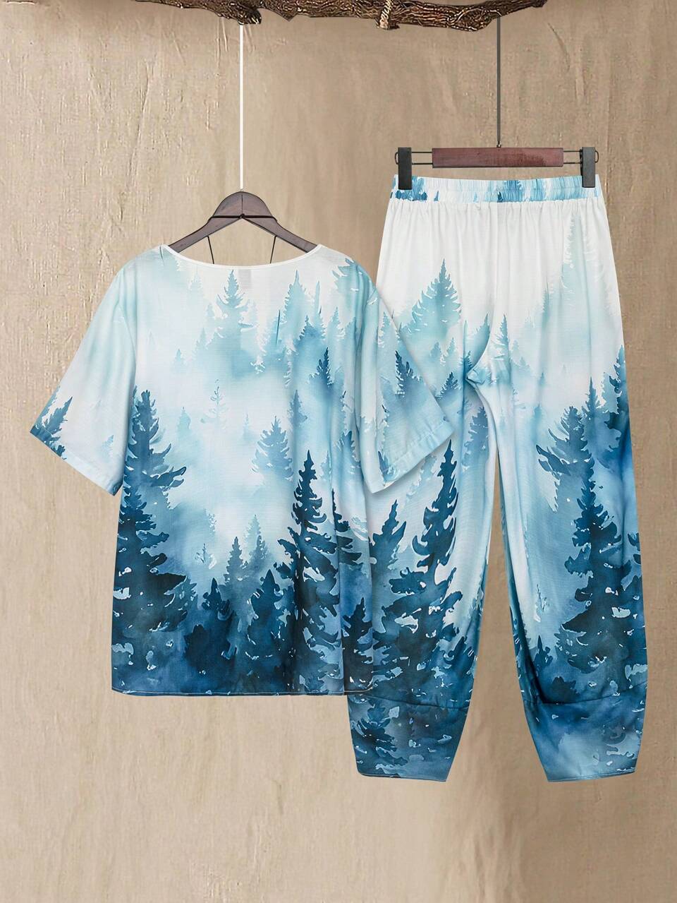 Plus Size Women Blue Short Sleeve Shirt And Printed Pants Summer Outfit Set