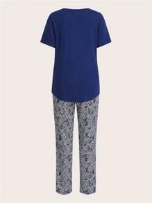 SHEIN LUNE 女士純色短袖上衣與全印花休閒長褲套裝 - 彩色 - 查看 2