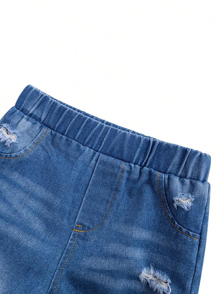 2-Piece Spring/Summer Fashionable Embroidered Polo Shirt Washed Denim Shorts Baby Boys Outfit