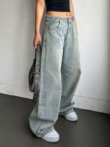DAZY Quần Jeans Ống Loe Cạp Cao Cho Nữ Có Khóa Kéo, Quần Jeans Rộng - Rửa nhẹ - Xem 6