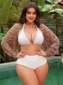 SHEIN Swim Curve 大码女式时尚长袖前开襟和服夏季 - 彩色 - 查看 3