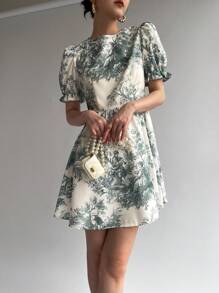 Firerie Women Bubble Sleeve A-Line Landscape Painting Printed Dress - Green - View 5
