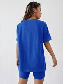 SHEIN EZwear 手編音樂節印花T恤和彈性短褲套裝 - 寶藍色 - 查看 2