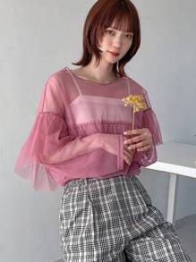 FRIFUL Mesh Round Neck Top With Ruffle Trim And Decorative Border, Loose Fit And Fashionable Style Sheer Long Sleeve Women Tops,Fall Women Clothes - Rose Red - View 8