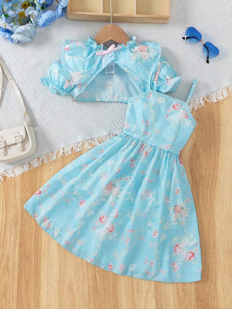Young Girl 2pcs/Set Warm Holiday Clothing, Lace-Trimmed Floral Jacket And Spaghetti Strap Dress For Summer