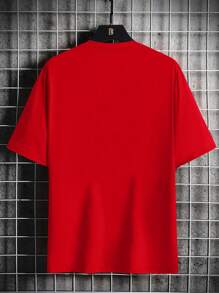 Manfinity Roughcore Camiseta de verano para hombres de manga corta con cuello redondo, unicolor, impresión de luna - Rojo - Ver 2