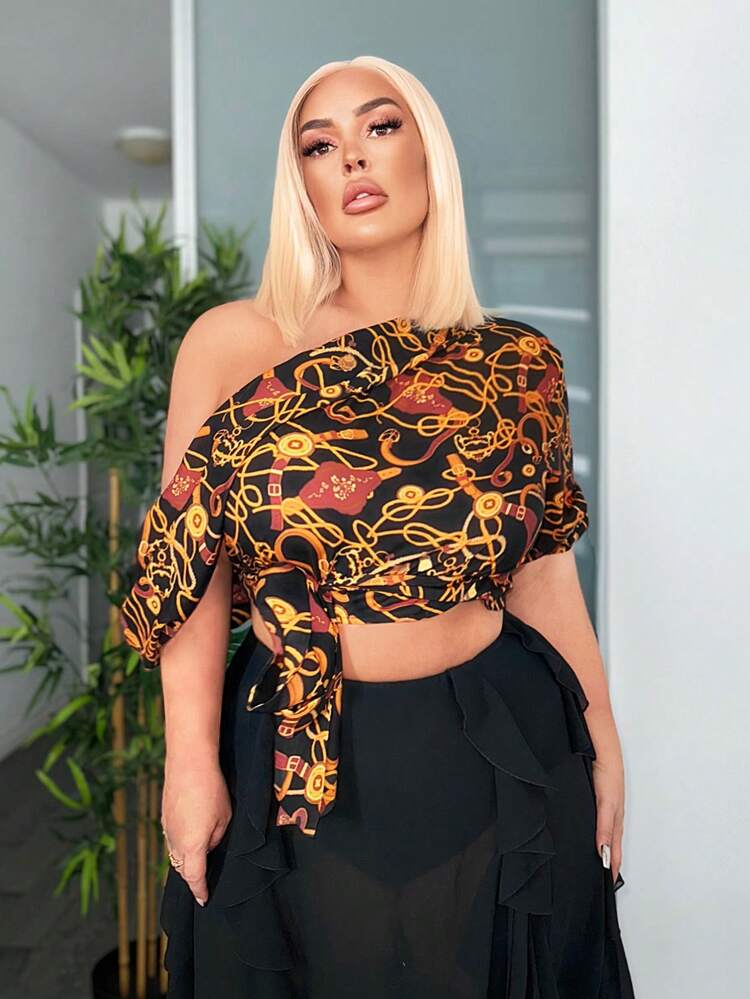 Plus Size Open Shoulder Drawstring Waist Sexy Vacation Floral Shirt With Pleats