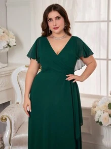 Plus Size Solid Color V-Neck Ruffle Sleeve Asymmetrical Hem Chiffon Dress Party Dress Wedding Guest Dress Formal Dress Evening Dress, Bride Dress, Birthday Women Outfits, Graduation Dress,Gown - Dark Green - View 4