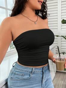 SHEIN EZwear Women\ Plus Size Pleated Solid Color Bandeau Top - Black - View 6