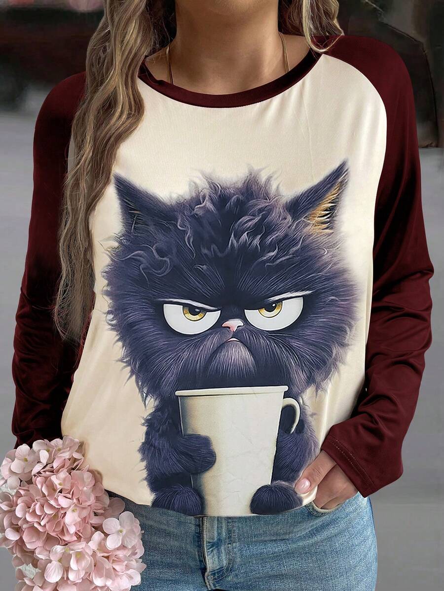 SHEIN LUNE Kích thước lớn Của phụ nữ Dễ thương Mèo In Áo thun - Nhiều màu - Xem 1