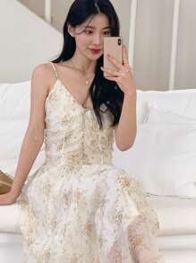 DAZY Đầm maxi hai dây xếp ly in họa tiết cây cỏ mùa hè cho nữ, đầm thường ngày họa tiết hoa. - Màu be - Xem 8