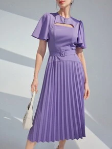 Modelyn 女士實色中空蝴蝶袖荷葉邊A字裙 - 紫色 - 查看 6