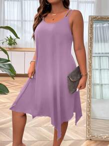 SHEIN LUNE Plus Size Women Asymmetrical Hem Summer Dress With Double Shoulder Strap - Lilac Purple - View 4
