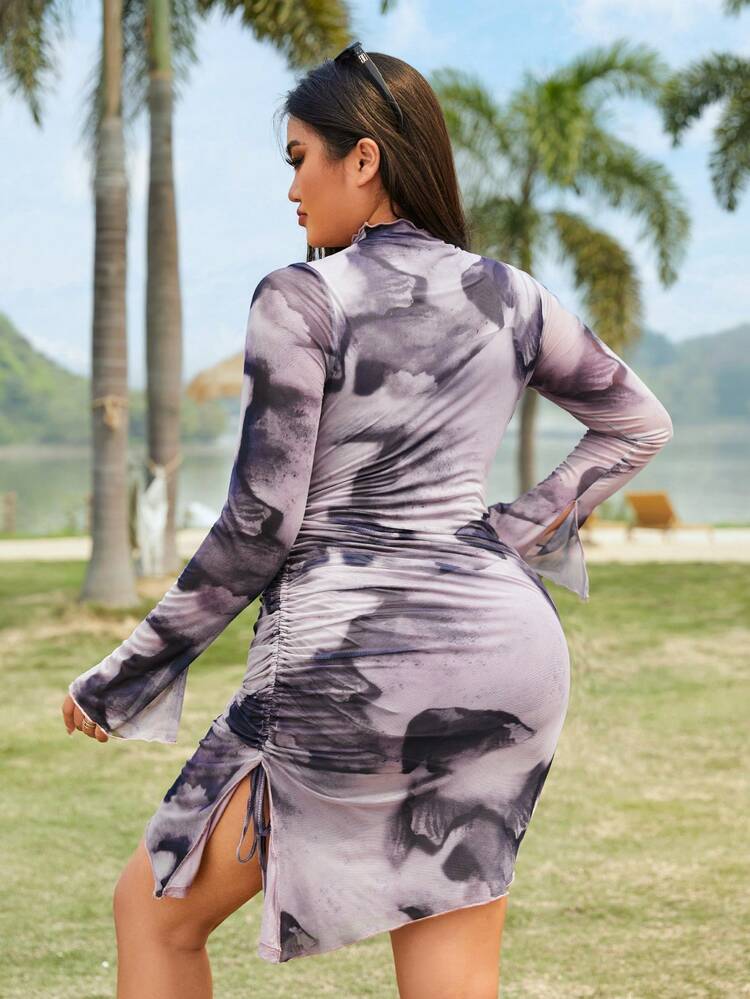 Plus Size Women Spring And Summer Stand Collar Tie-Dye Pleated Asymmetric Hem Long Sleeve Knitted Mesh Bodycon Dress