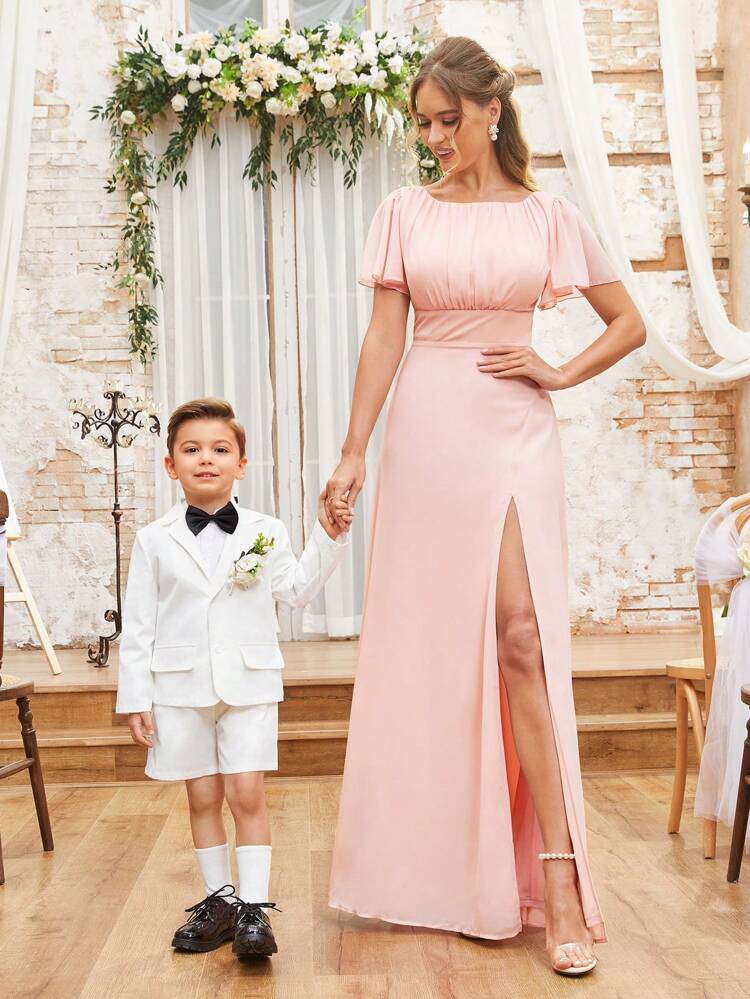 Elegant And Romantic Lotus Pink Slit Design With Pleated Chest Detail. Elegant Bridesmaid Dress With Ruffle Sleeves And Tie Slit Dress Design. Suitable For Wedding Holiday Gift Party Holiday Adult Bridesmaid Dressparent-Child Dress