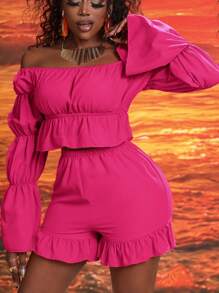 Slaydiva Top de manga larga con hombros descubiertos de estilo boho en color naranja con detalles de volantes y Shorts de cintura elástica con volantes - Rosa Fucsia - Ver 4