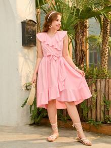 SHEIN Vestido de verano para adolescente con diseño envolvente con borde de volantes - Rosa Pálido - Ver 6