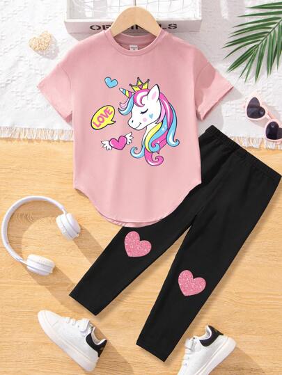 SHEIN Ung flicka Unicorn Fritid Enkel kortärmad och långa byxor i två delar som lämpar sig för vår och höst