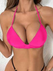 Swim SXY Đồ bơi nữ màu trơn phù hợp với kỳ nghỉ Bikini Top - Màu Hồng Tươi - Xem 1