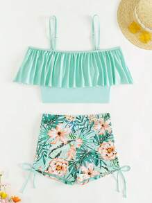 Swim Lushoire Women Cold Shoulder Design Ruffle Trim Top And Floral Print Swim Shorts, Suitable For Beach Vacation In Summer,Summer Beach - Mint Green - View 6