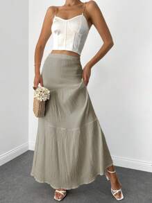 EURMUSE Textured Elastic Waist Simple And Stylish Spring/Summer Skirt - Beige - View 3