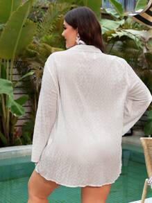 Swim Vcay Plus Size Nữ Đi Biển Mùa Hè Đồ Bơi Resort Rớt Vai Dài Tay Màu Thắt Nơ Thắt Nơ Rời Kim Sa - trắng - Xem 2