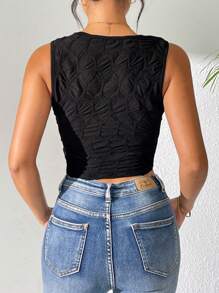 SHEIN LUNE Áo crop top màu trơn họa tiết mỏng cho mùa hè - màu đen - Xem 2