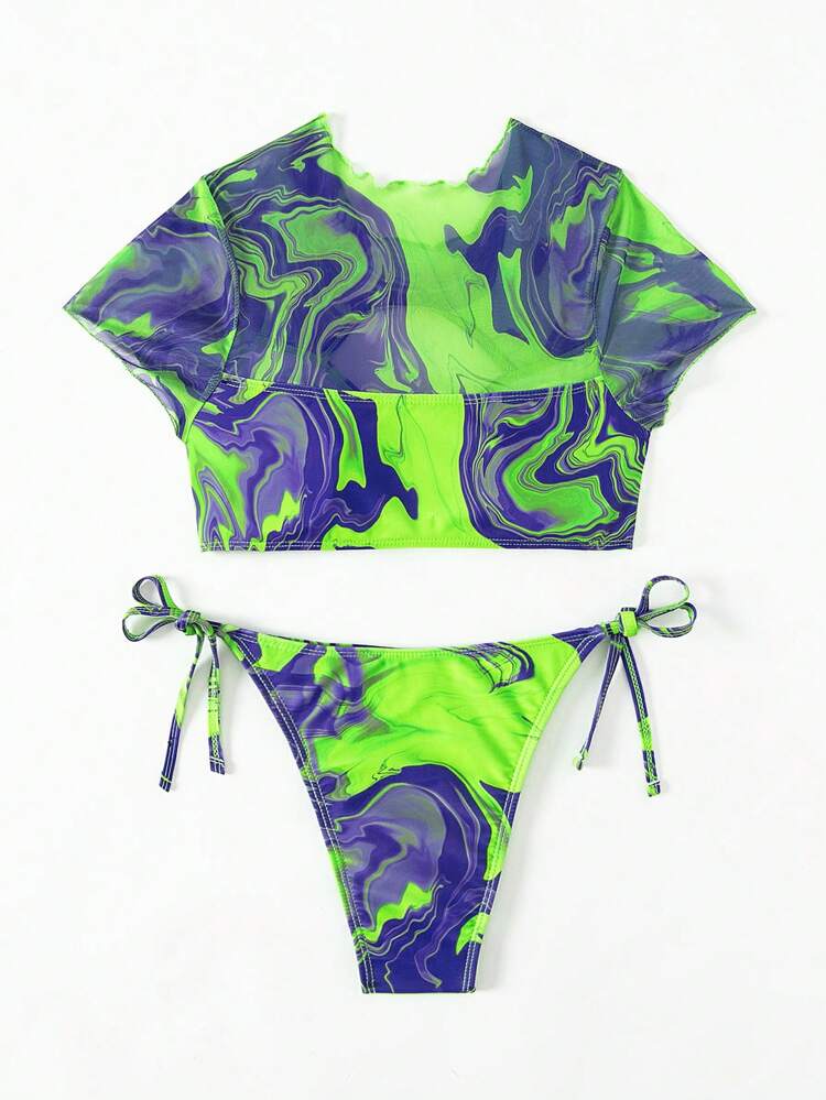 Ladies Sexy Hollow Out Swimwear Set, Random Print Summer