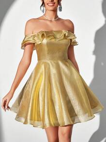 SHEIN Belle Elegant, Cute, Gorgeous And Charming, Fashionable Women's Clothing, Luxurious Gold Silk Bright Weaving, Simple One-Shoulder Double-Layer Ruffle Collar With Pockets, High Waist, A-Line Umbrella Hem, Wedding Guest Bachelorette Party, Vacation Travel, Graduation Season, Homecoming, Music Festival, Dance, Afternoon Tea, Date Party, Cocktail Party Dress Prom Semi Formal Dress, For Birthday