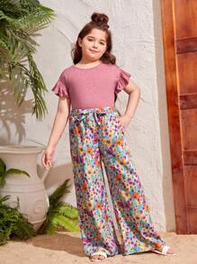 SHEIN Conjunto de camiseta de manga corta de unicolor con pantalones anchos estampados casuales en talla extendida para niña preadolescente - Rosa - Ver 4