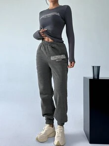 SHEIN EZwear Women Letter Print Slim Fit Fashionable Daily Outfits - Republic Casual Long Pants Suit With Top - Dark Grey - View 5