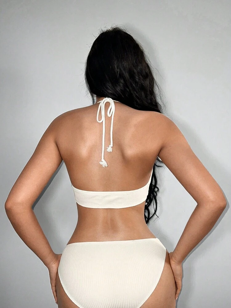 Women  Boho Music Festival Vacation Style Summer Solid Color Crochet Halter Neck Fringe Tie Waist Sexy Bodysuit Western