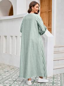 Mulvari Women Notch Neck Striped Print Casual Arabic Style Dress For Daily Wear