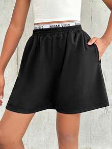 SHEIN Tween Girl Mát Mẻ Và Phong Cách Đường Phố Dệt Kim Chắp Vá Thắt Lưng Quần Short Thẳng Cho Mùa Xuân Hè - màu đen - Xem 5