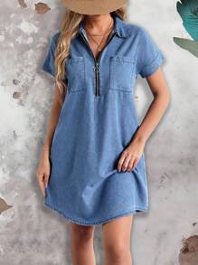 SHEIN LUNE Front Zip Short Sleeve Denim Dress For Summer - Blue - View 3