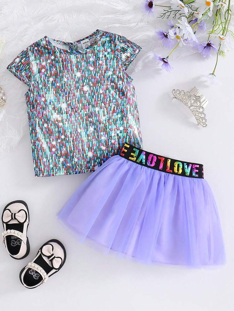 Baby Girl Spring/Summer Street Fashion Shiny Sequin Printed Top + Mesh Skirt Set