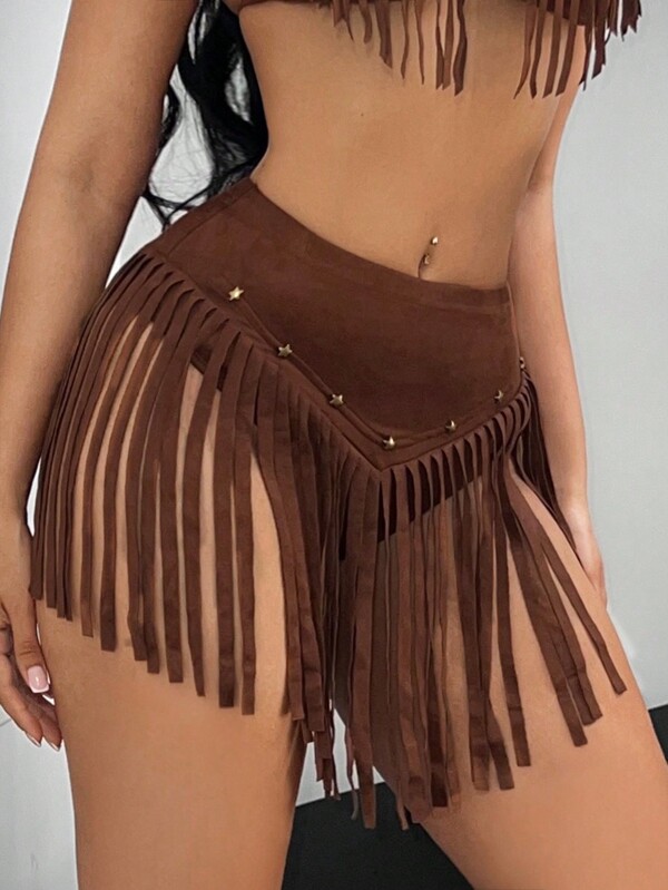 SHEIN ICON Ladies" Western Music Festival Chamois Low Rise Frayed Rivet Tassel Mini Skirt