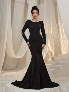 Faeriesty Rhinestone Decor Backless Mermaid Hem Formal Dress - Black - View 3