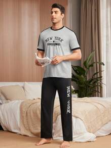 男士對比色家居服套裝，標語印花 - 淺灰色 - 查看 5
