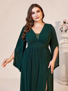 SHEIN Belle Dark Green Plus Size Bridesmaid Dress,Spring Formal Elegant Evening Deep V-Neck High Side Split Dramatic Puff Sleeve Prom Wedding Guest Gown,Dinner - Dark Green - View 5
