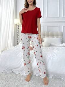 Solid Color Short Sleeve Top And Printed Long Pants Pajama Set Bridallingerie