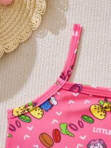 Mr Men Little Miss X SHEIN 年轻女孩针织休闲卡通和字母图案比基尼套装夏季海滩 - 彩色 - 查看 3