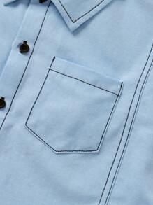 SHEIN 2pcs Young Boy Casual Sports Street Fashion White Decorative Thread Turn-Down Collar Short-Sleeved Loose Shoulder Black Shirt And Blue Shirt, Suitable For Daily Wear, School, Sports And Spring/Summer Seasons