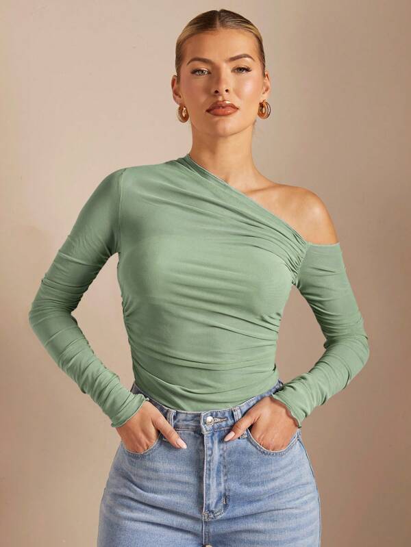 SHEIN BAE Top asimétrico de tejido gofrado con banda superior doblada, camiseta ajustado con perspectiva transparente en los hombros