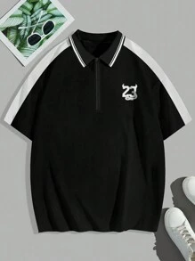 Manfinity Sporsity Men's Color Block Spliced Digital Printed Zip-Up Polo Shirt