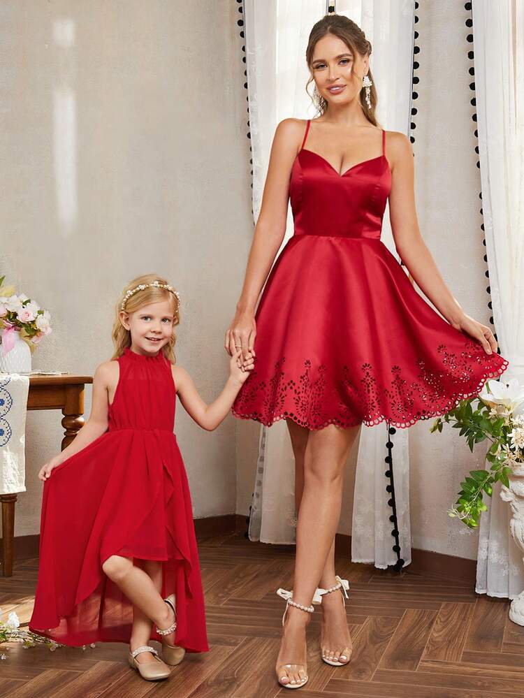 Elegant Gorgeous Romantic Women's Red V Neck Sexy Back Tie Burnt Edge A Line Cami Short Dress Suitable For Holiday Party Cocktail Dress